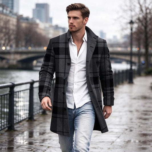Men's Grey Plaid Lapel Wool-Blend Overcoat | TWILLVALE