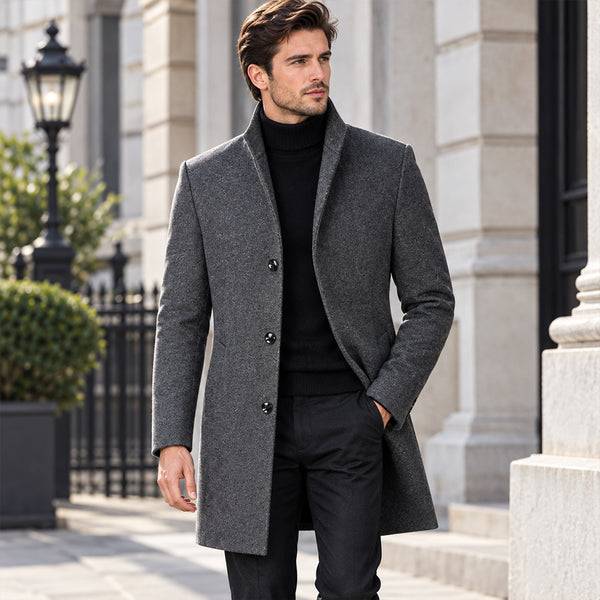 Men's Slim-Fit Wool-Blend Stand Collar Overcoa | TWILLVALE