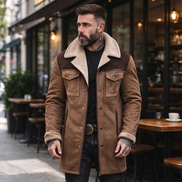 Men's Faux Suede Shearling Collar Coat – Vintage Longline Winter Coat | TWILLVALE