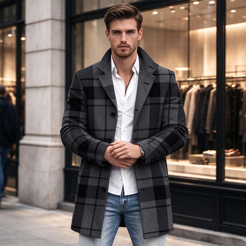 Men's Grey Plaid Lapel Wool-Blend Overcoat | TWILLVALE