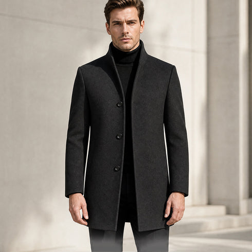 Men's Slim-Fit Wool-Blend Stand Collar Overcoat | TWILLVALE