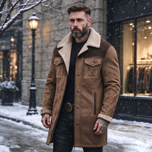 Men's Faux Suede Shearling Collar Coat – Vintage Longline Winter Coat | TWILLVALE