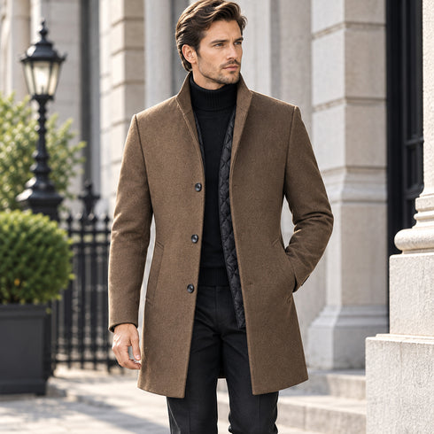 Men's Slim-Fit Wool-Blend Stand Collar Overcoat | TWILLVALE