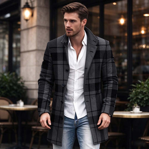 Men's Grey Plaid Lapel Wool-Blend Overcoat | TWILLVALE