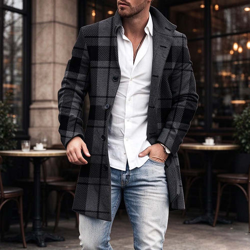 Men's Grey Plaid Lapel Wool-Blend Overcoat | TWILLVALE