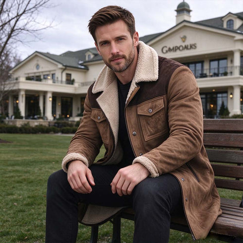 Men's Faux Suede Shearling Collar Coat – Vintage Longline Winter Coat | TWILLVALE