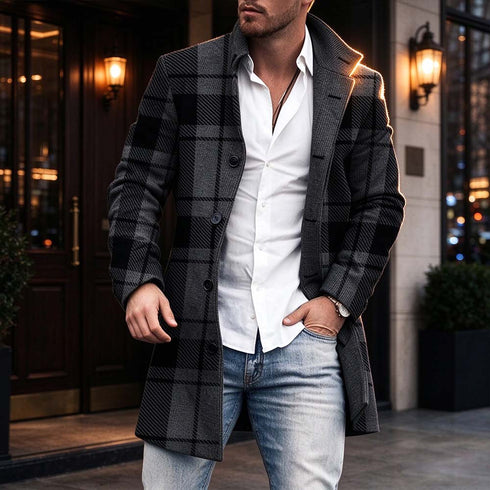 Men's Grey Plaid Lapel Wool-Blend Overcoat | TWILLVALE
