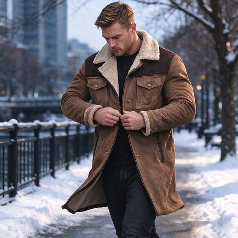 Men's Faux Suede Shearling Collar Coat – Vintage Longline Winter Coat | TWILLVALE