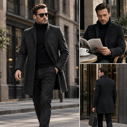 Men's Slim-Fit Wool-Blend Stand Collar Overcoat | TWILLVALE