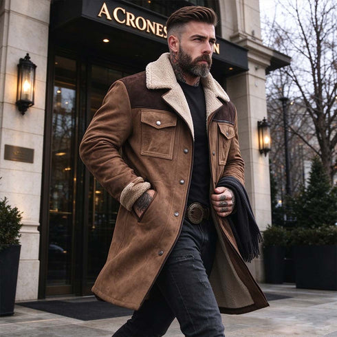 Men's Faux Suede Shearling Collar Coat – Vintage Longline Winter Coat | TWILLVALE