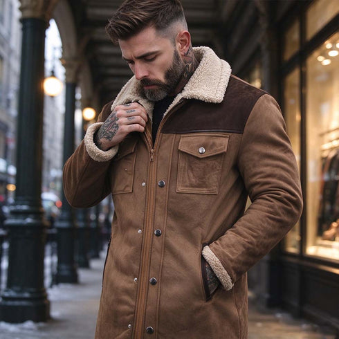 Men's Faux Suede Shearling Collar Coat – Vintage Longline Winter Coat | TWILLVALE