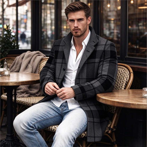 Men's Grey Plaid Lapel Wool-Blend Overcoat | TWILLVALE
