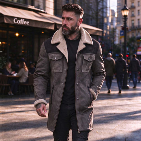 Men's Faux Suede Shearling Collar Coat – Vintage Longline Winter Coat | TWILLVALE