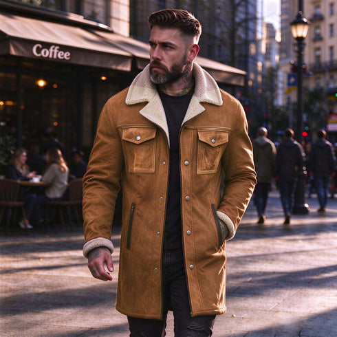 Men's Faux Suede Shearling Collar Coat – Vintage Longline Winter Coat | TWILLVALE