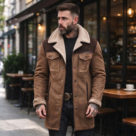 Men's Faux Suede Shearling Collar Coat – Vintage Longline Winter Coat | TWILLVALE