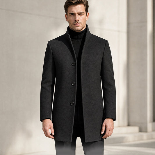 Men's Slim-Fit Wool-Blend Stand Collar Overcoat | TWILLVALE