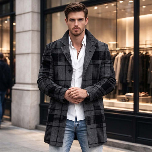 Men's Grey Plaid Lapel Wool-Blend Overcoat | TWILLVALE