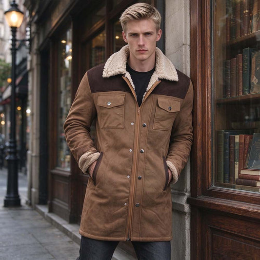 Men's Faux Suede Shearling Collar Coat – Vintage Longline Winter Coat | TWILLVALE